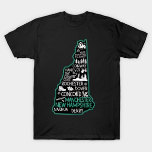 New Hampshire Manchester cute map Conway Hanover Rochester Dover Nashua Derry The Granite State T-Shirt